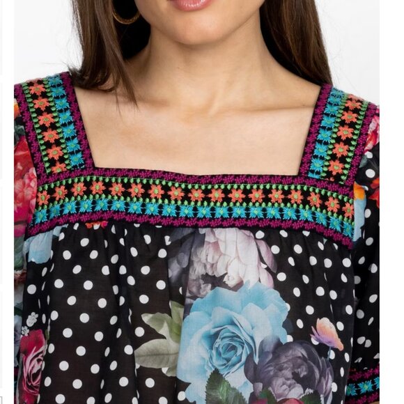 JOHNNY WAS Polkalona Square Puff Sleeve  Neck Park Embroidered Blouse Size XL - Picture 3 of 9